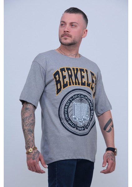 Erkek Gri Berkeley Logo Baskılı Oversize T-Shirt