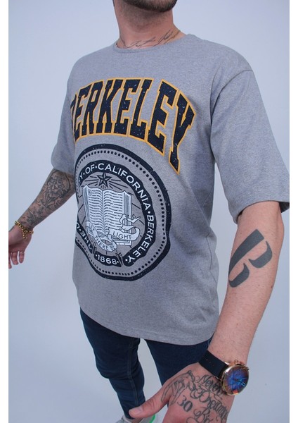 Erkek Gri Berkeley Logo Baskılı Oversize T-Shirt