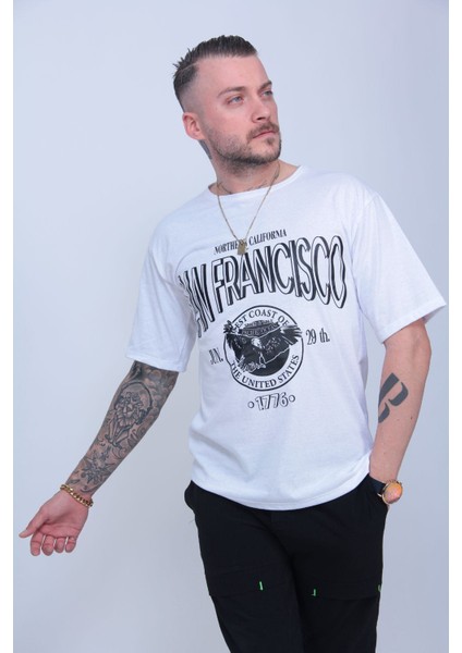 Beyaz San Francisco Baskılı Oversize Tshirt