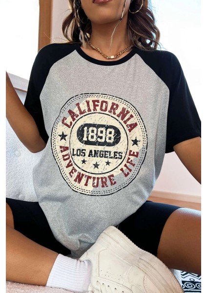 Unisex Gri Kolları Lacivert California Baskılı Oversize T-Shirt