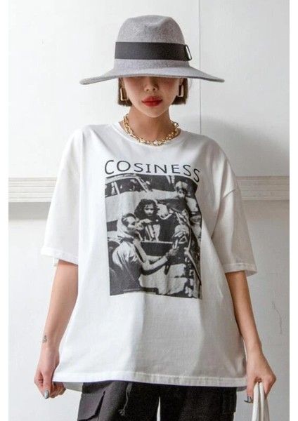 Kadın Beyaz Cosiness Baskılı Oversize T-Shirt