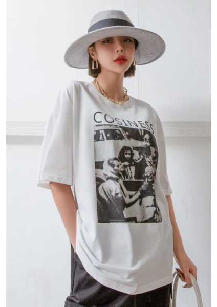 Kadın Beyaz Cosiness Baskılı Oversize T-Shirt