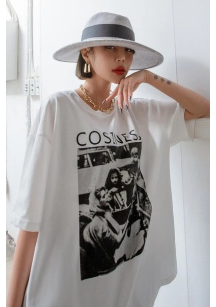 Kadın Beyaz Cosiness Baskılı Oversize T-Shirt