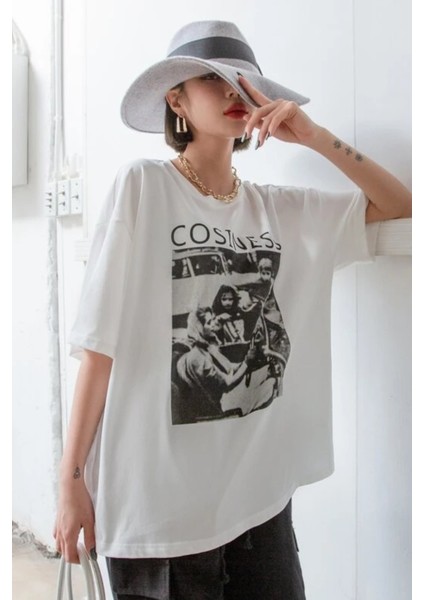 Kadın Beyaz Cosiness Baskılı Oversize T-Shirt