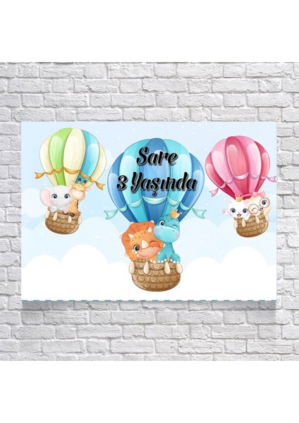 Gökyüzünde Balonda Uçan Sevimli Hayvanlar Teamlı Doğum Günü AFIŞI35 x 50 cm