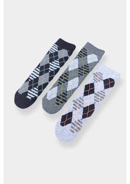 Mem Socks 3'lü Ekose Desenli Kaydırmaz Çocuk Havlu Çorap