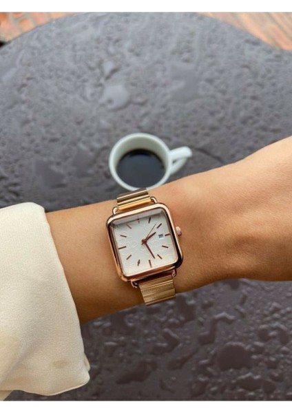 Minimal Kare Kadran Çelik Kordon Kadın Kol Saati - Rose Gold