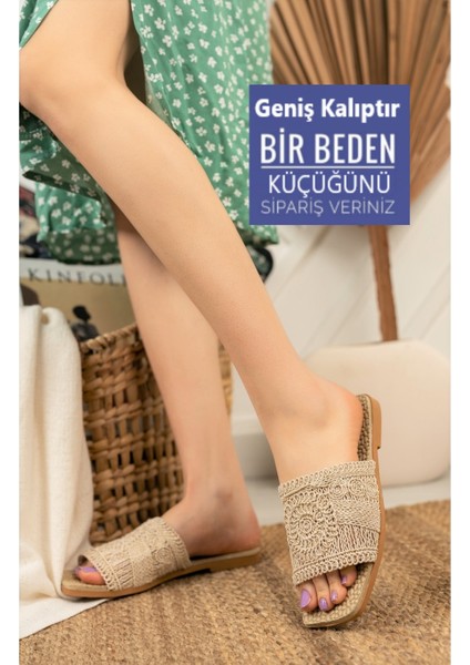 Kadın Ten Bej Dantel Detaylı Rahat Terlik Yeni Sezon Örgülü Nakışlı Şık Yazlık Terlik Dış Mekan ve Ev Terliği