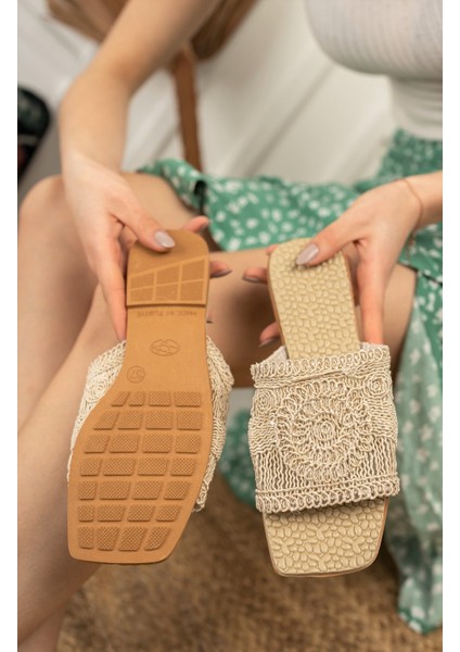 Kadın Ten Bej Dantel Detaylı Rahat Terlik Yeni Sezon Örgülü Nakışlı Şık Yazlık Terlik Dış Mekan ve Ev Terliği indirimleri
