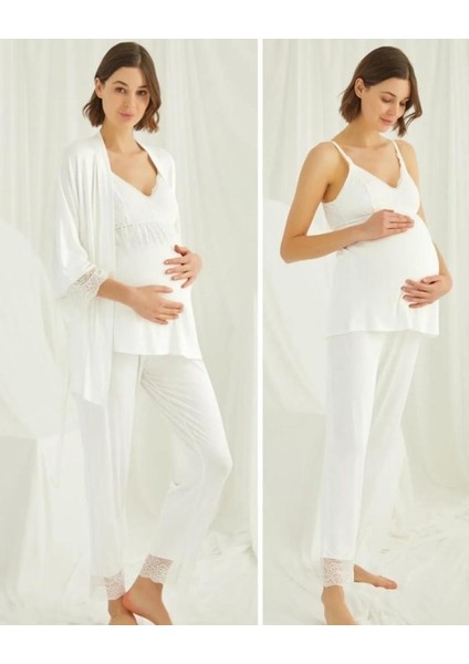 18433 Ekru Hamile Lohusa 3 Lü Pijama Sabahlık Tk
