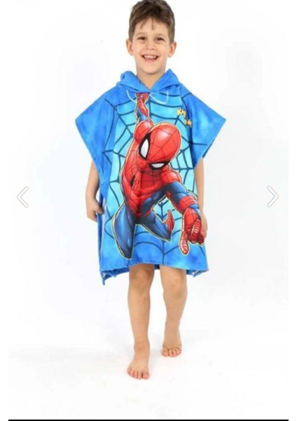 Yeni %100 Pamuklu Çizgi Karakter Desenli Kapüşonlu Panço Bornoz Plaj - Havuz -Banyo Çocuk Havlu