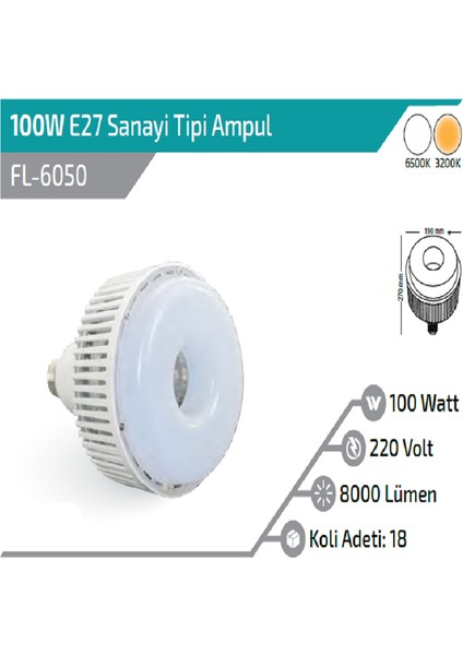 100W E27 LED Çanak Sanayi Tip Ampül Beyaz 6500K