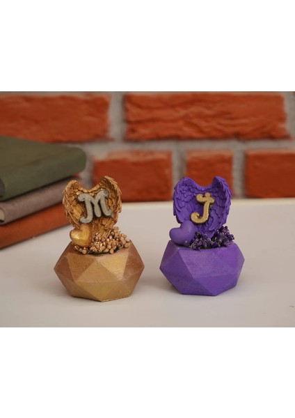 Geometrik Taş Saksıda 2`li Kişiye Özel Kokulu Taş Çiçekli Harf Aranjmanı