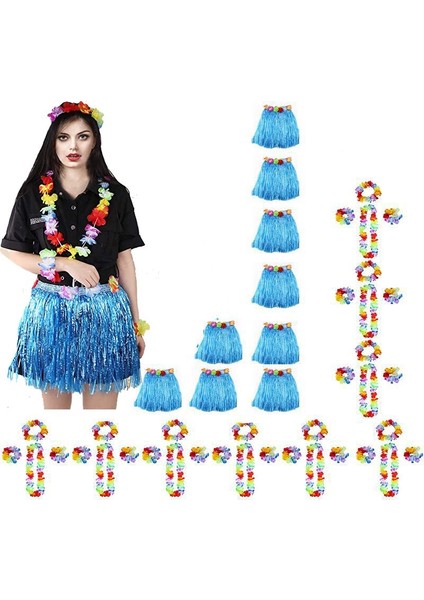 Setli Yetişkin Çocuk Uyumlu Hawaii Eteği Mavi Renk 40 cm 10 Set 50 Parça