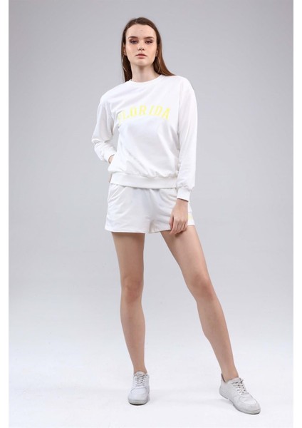 Fancy Kadın Bisiklet Yaka Nakış Detaylı Sweatshirt Şort İkili Takım