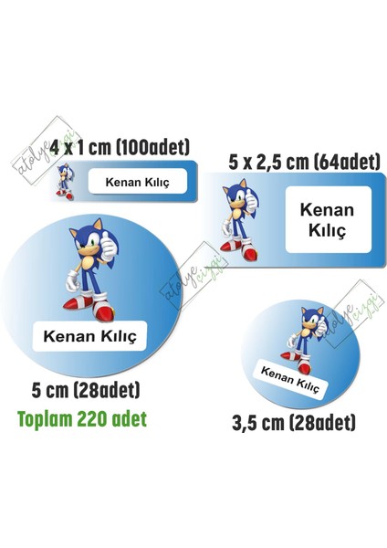 Atölye Çizgi Sonic Okul Etiketi, Kalem Defter Etiketi Isme Özel