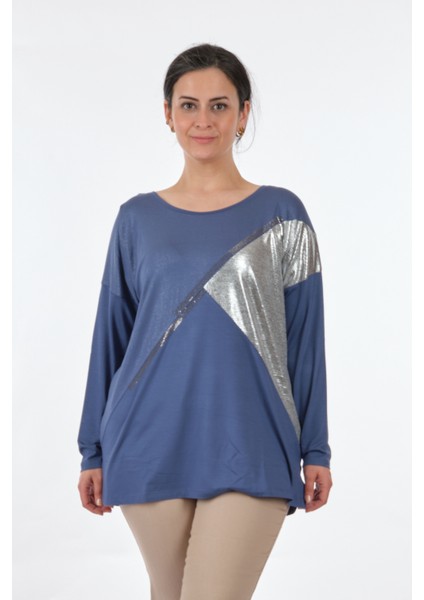 Yuvarlak Yaka Büyük Beden Uzun Kollu Indigo Kadın Bluz MY2150P10758