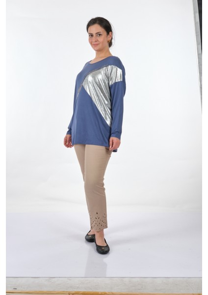 Yuvarlak Yaka Büyük Beden Uzun Kollu Indigo Kadın Bluz MY2150P10758 fiyatları