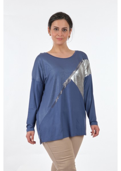 Yuvarlak Yaka Büyük Beden Uzun Kollu Indigo Kadın Bluz MY2150P10758 modelleri