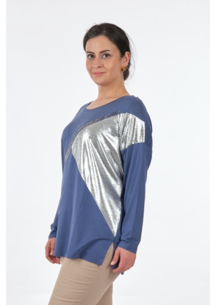 Yuvarlak Yaka Büyük Beden Uzun Kollu Indigo Kadın Bluz MY2150P10758 fırsatları