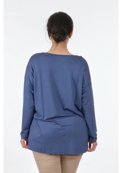 Yuvarlak Yaka Büyük Beden Uzun Kollu Indigo Kadın Bluz MY2150P10758 indirimleri