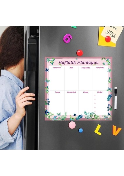 Dünya Magnet Floral Haftalık Magnet Planlayıcı , Mıknatıslı Silinebilir Yazı Tahtası Pano + 3 Kalem