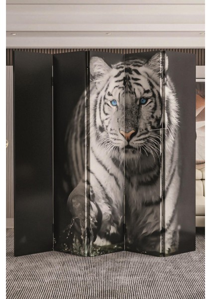 Doğal Ahşap Beyaz Kaplan Tek Taraf Baskılı 5 Kanat Paravan Seperatör Oda Bölme