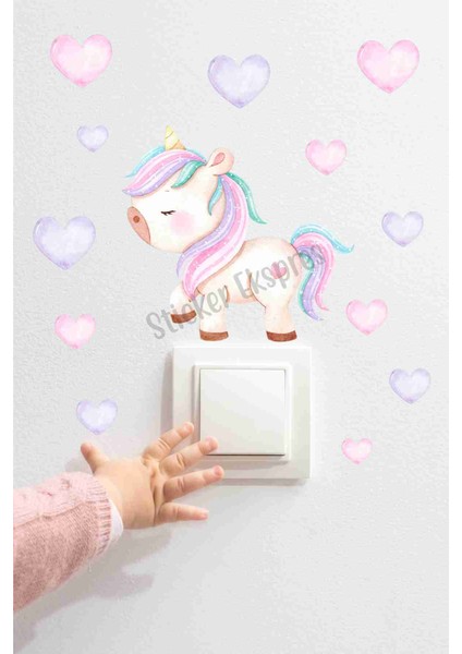 Sticker Ekspres Sevimli Unicorn ve Kalpler U2 Priz Üstü Sticker