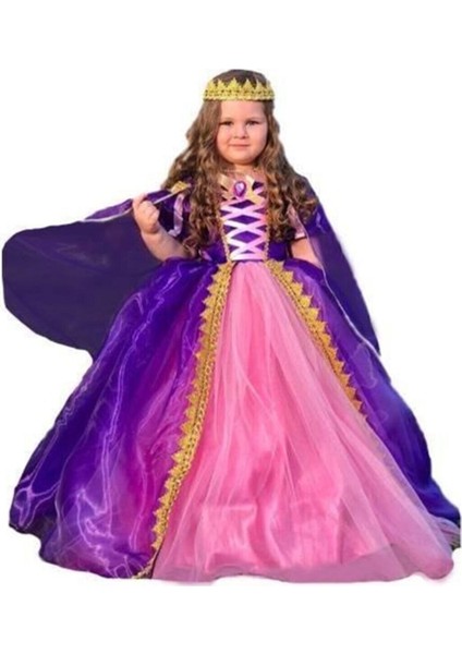 Mor Rapunzel kostümü Abiye çocuk Elbise Kasnaklı Taç Pelerin hediyeli