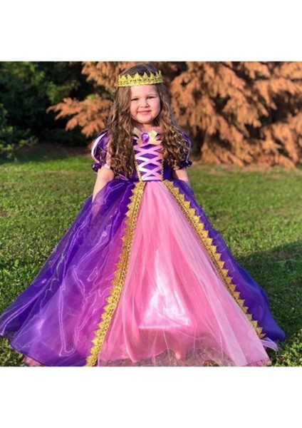 Mor Rapunzel kostümü Abiye çocuk Elbise Kasnaklı Taç Pelerin hediyeli modelleri