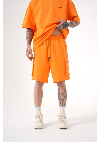 Oversize Kargo Cepli Basic Şort Turuncu