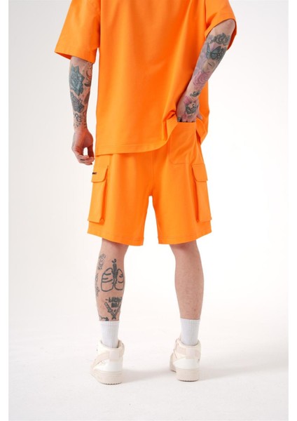 Oversize Kargo Cepli Basic Şort Turuncu