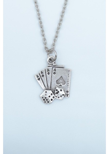 Full As Iskambil Destesi ve Zar Erkek Kadın Kolye Antik Gümüş Kaplama - 60 cm Düz Zincir