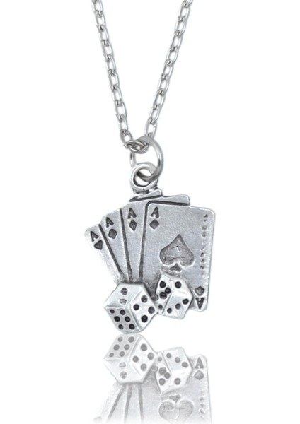 Full As Iskambil Destesi ve Zar Erkek Kadın Kolye Antik Gümüş Kaplama - 60 cm Düz Zincir fiyatları