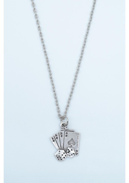 Full As Iskambil Destesi ve Zar Erkek Kadın Kolye Antik Gümüş Kaplama - 60 cm Düz Zincir modelleri