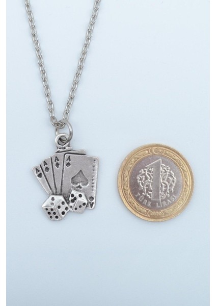 Full As Iskambil Destesi ve Zar Erkek Kadın Kolye Antik Gümüş Kaplama - 60 cm Düz Zincir fırsatları