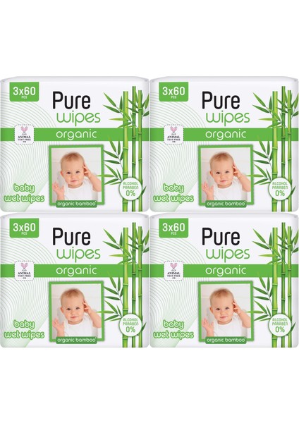 Pure Baby Wipes Islak Havlu Mendil 60 Yaprak Organic Bambu (12 Li Set) 720 Yaprak (4pk*3)