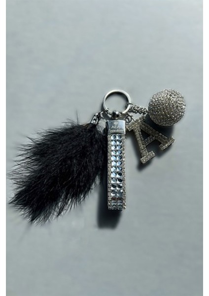 Gümüş Baget & Gümüş Disko Top & Gümüş Harf & Siyah Tüy Anahtarlık