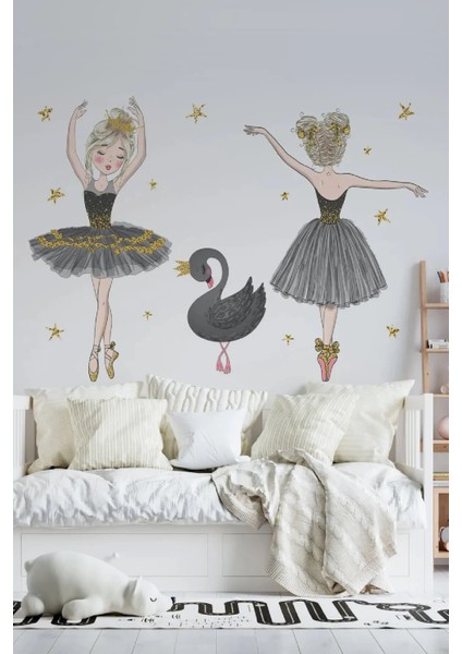 Gri Balerinler Kuğu ve 90 Adet Yıldız Kız Çocuk Odası Duvar Sticker Seti