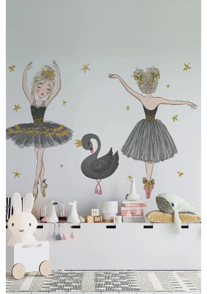 Gri Balerinler Kuğu ve 90 Adet Yıldız Kız Çocuk Odası Duvar Sticker Seti fiyatları