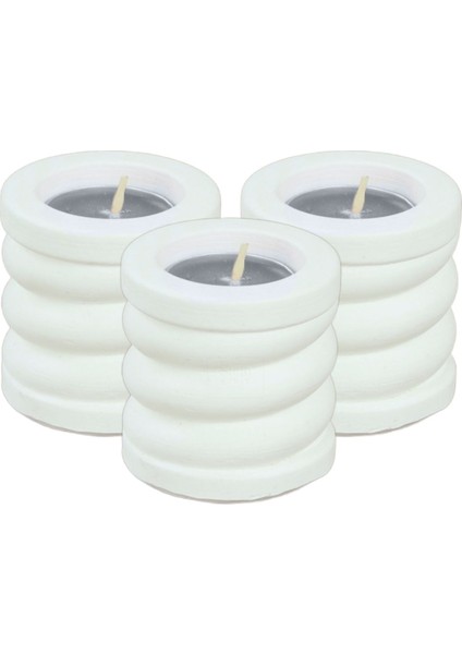 Şamdan Dekoratif Mumluk Beyaz Şamdan Set 3 Lü (Üçlü) Tealight ve Uzun Mum Uyumlu Spiral Model