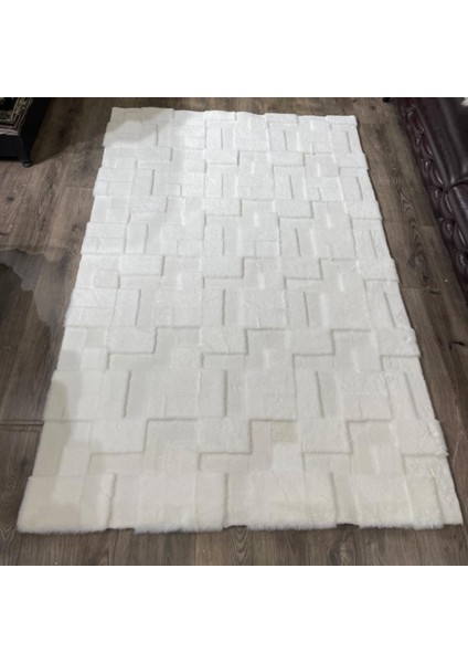 Kiremit Desenli Krem Patchwork Peluş Halı 140 x 200 Cm