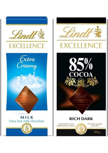 Lındt Excellence Mılk Extra Creamy 100GR. Bol Sütlü + Lındt Dark Chocolate %85 Cacao 100 Gr.