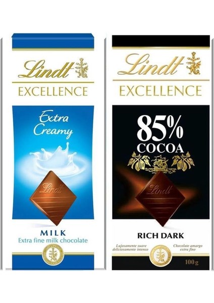 Lındt Excellence Mılk Extra Creamy 100GR. Bol Sütlü + Lındt Dark Chocolate %85 Cacao 100 Gr.