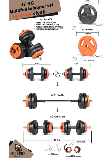 Ecgspor Yıldız SERISI17 kg Multifonksiyonel Turuncu Siyah Halter Seti ve Dambıl Seti