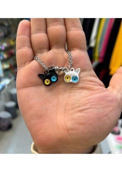 Siyah Beyaz Kedi Miknatıslı Çift Kolye Sevgili Kolyesi Kedi Kolye Ikili Renkli