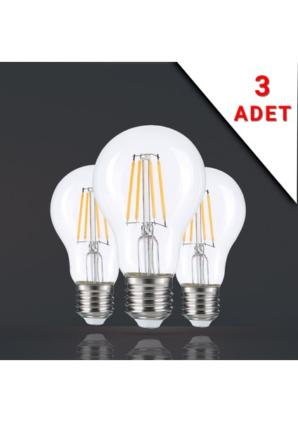 3 Adet LED Filamanlı E27 Rustik Ampul 6 Watt 3000K Gün Işığı A60