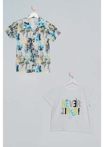 2!li Sarı Mavi Baskılı Gömlek Tshirt Takım S27713