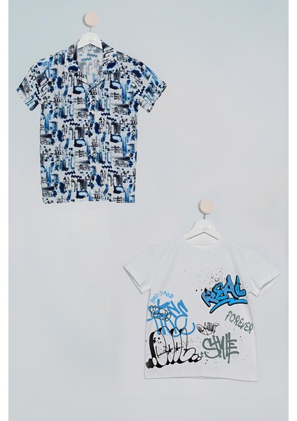 2'li Asimetrik Baskılı Gömlek Tshirt Saks Takım S27714