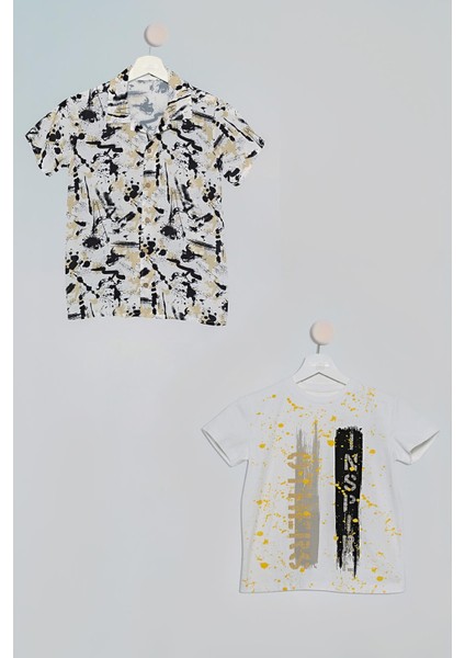 2'li Siyah Kahve Baskılı Gömlek Tshirt Takım S27715